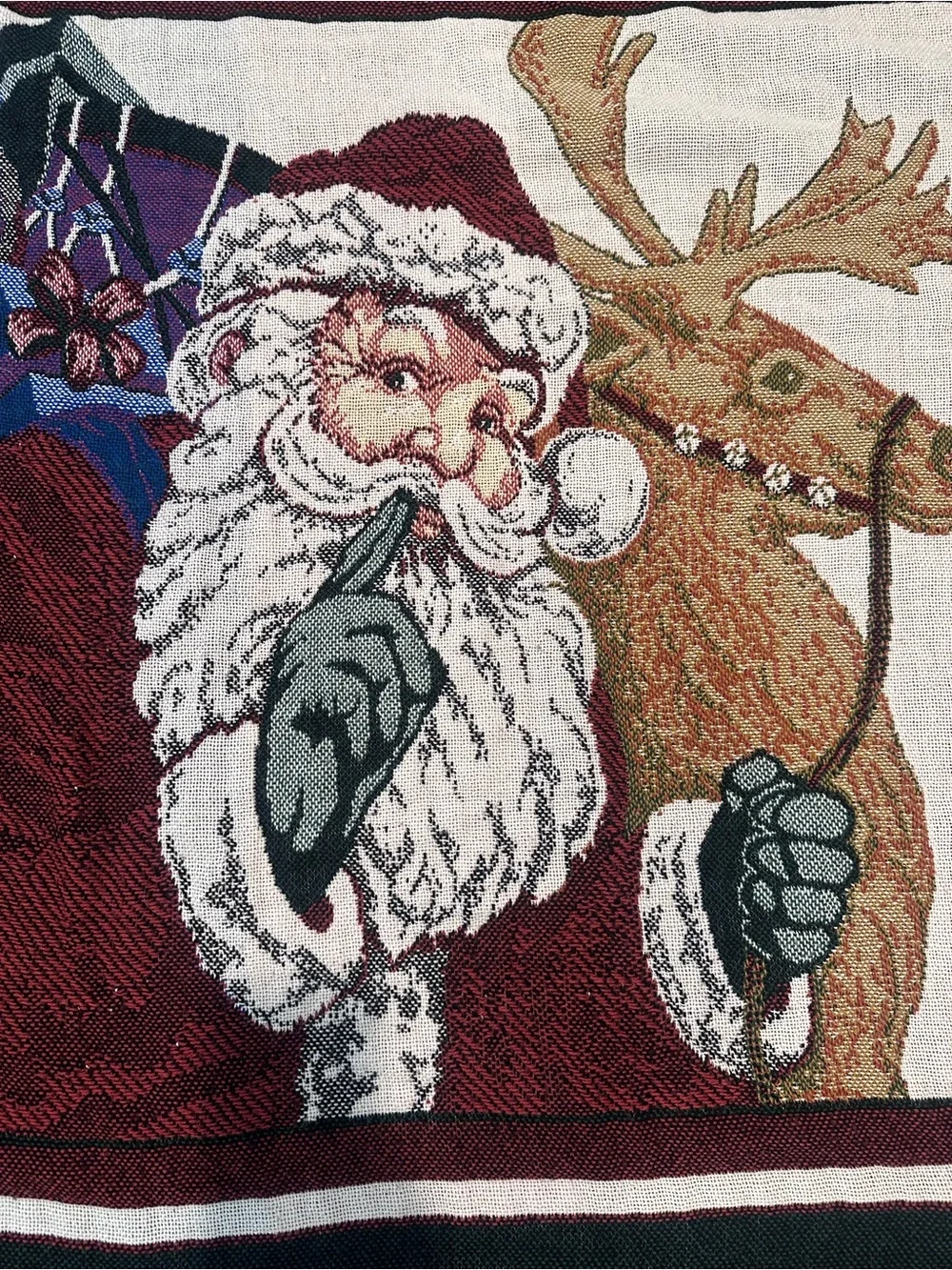 Festive Santa & Reindeer Holiday Throw Blanket - Burgundy/White Hallmark INC